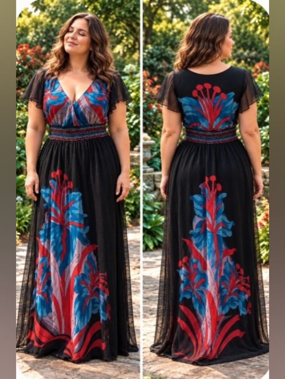 Black Flowy Maxi Dress with Red & Blue Floral Design NWOT Size 1X